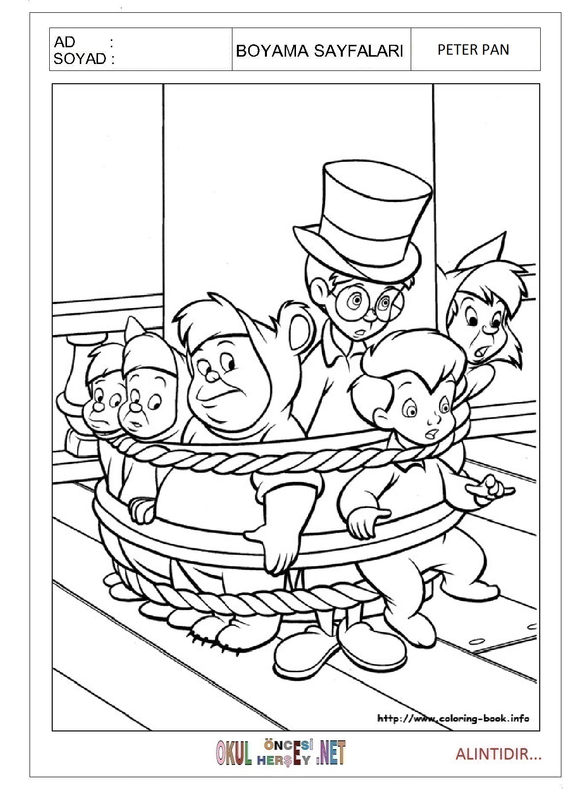 Çocuklar İçin Peter Pan Boyama Sayfaları 