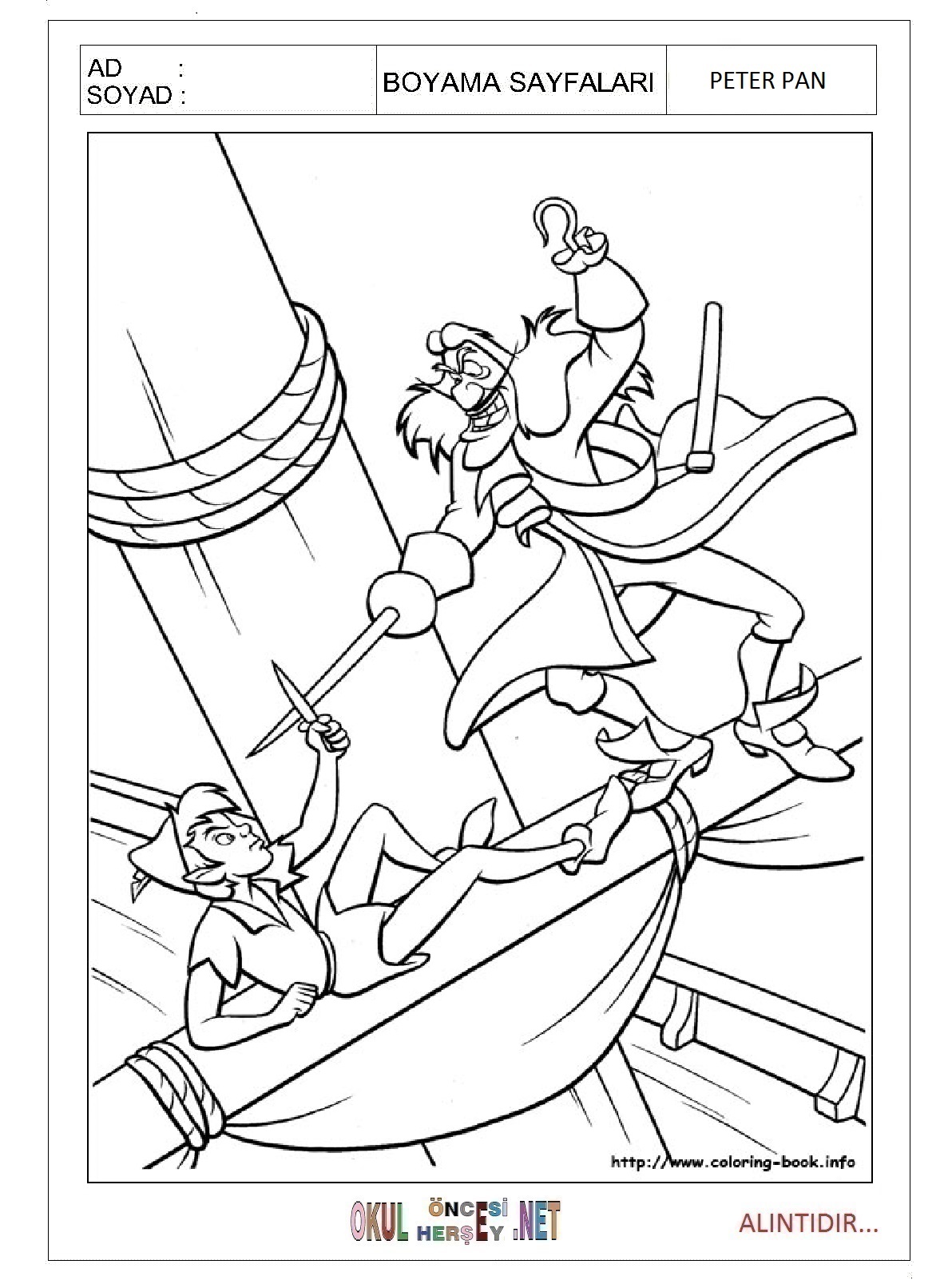 Çocuklar İçin Peter Pan Boyama Sayfaları 