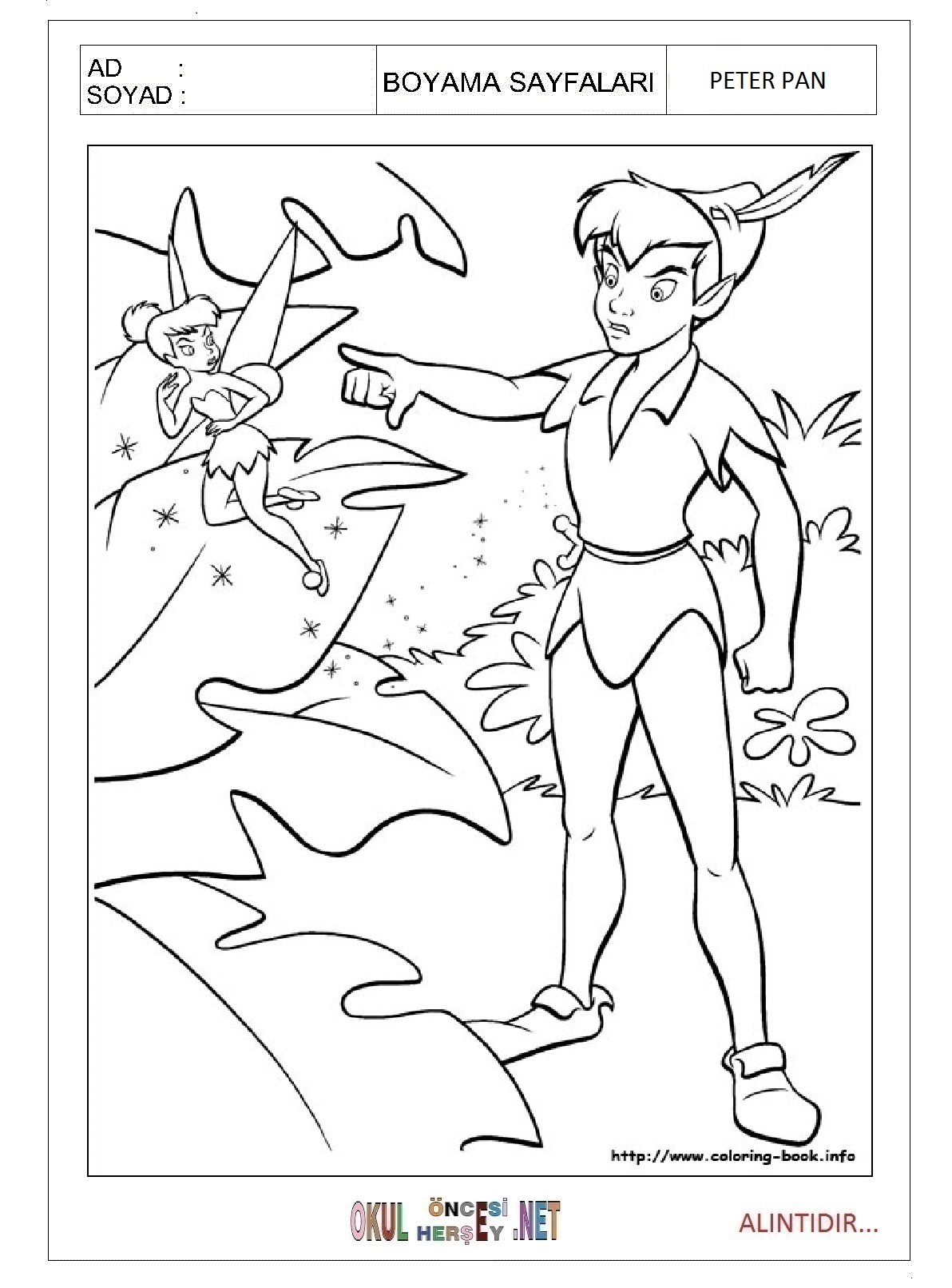 Çocuklar İçin Peter Pan Boyama Sayfaları 