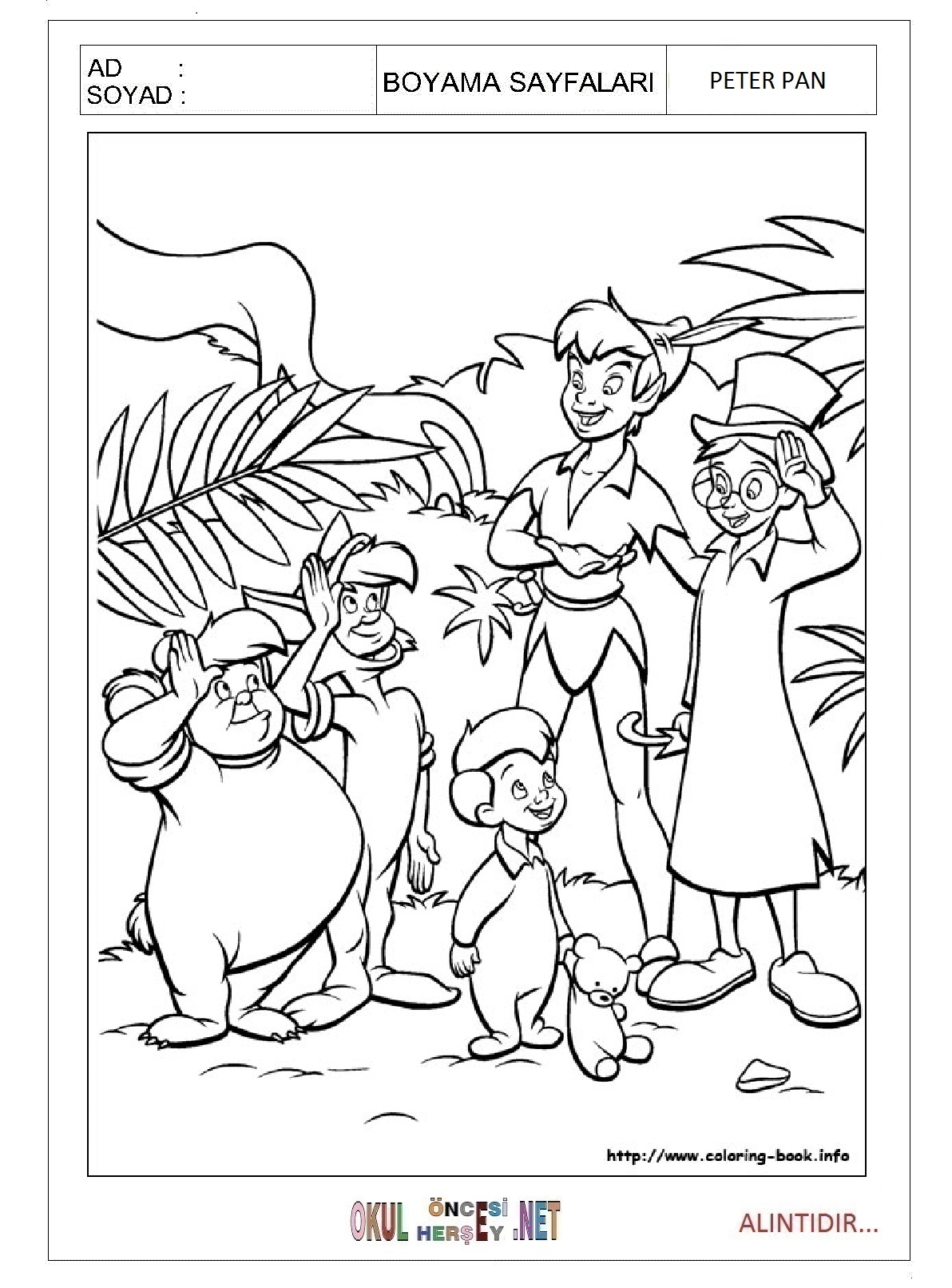 Çocuklar İçin Peter Pan Boyama Sayfaları 