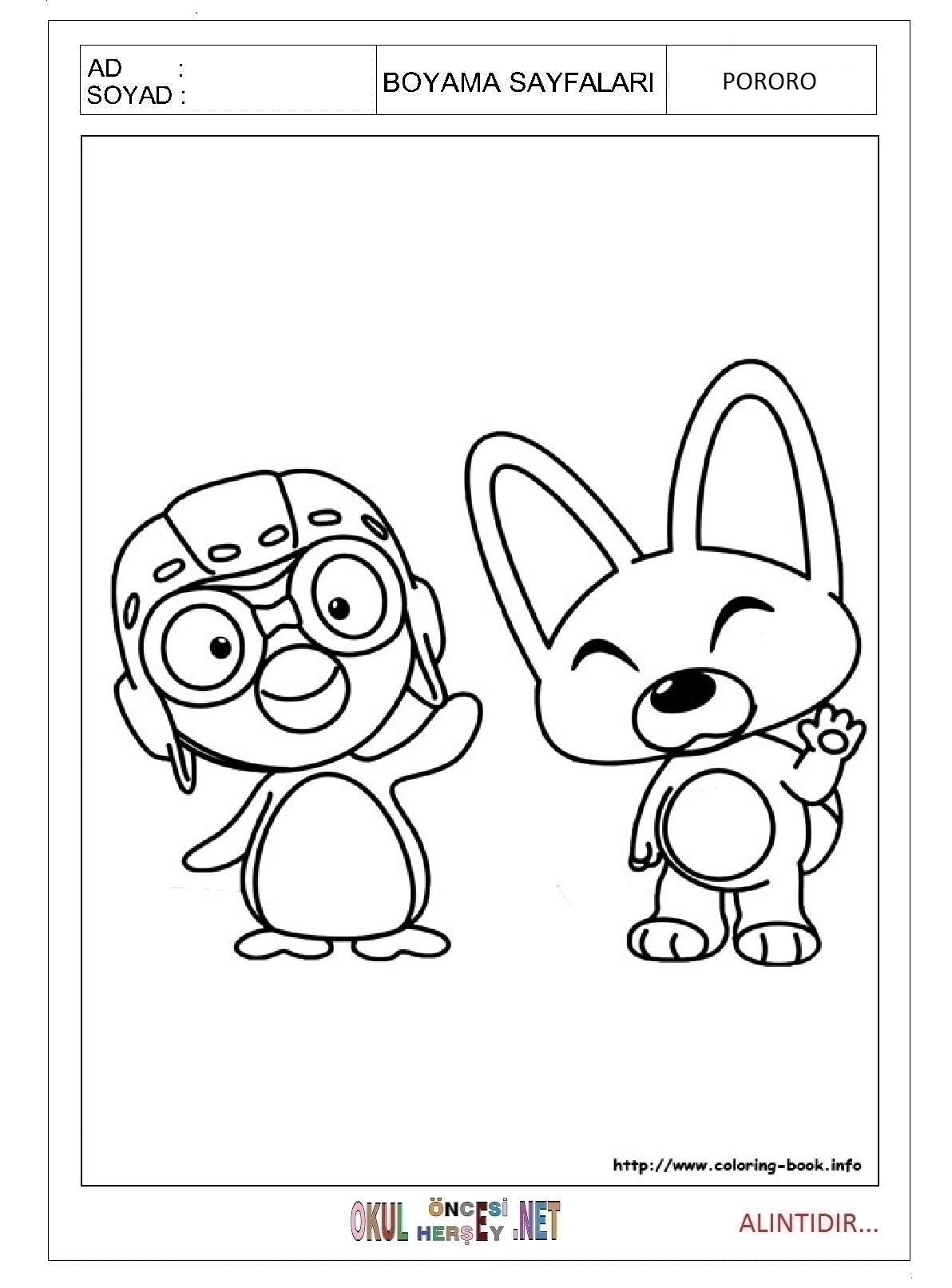 Çocuklar İçin Pororo Boyama Sayfaları 