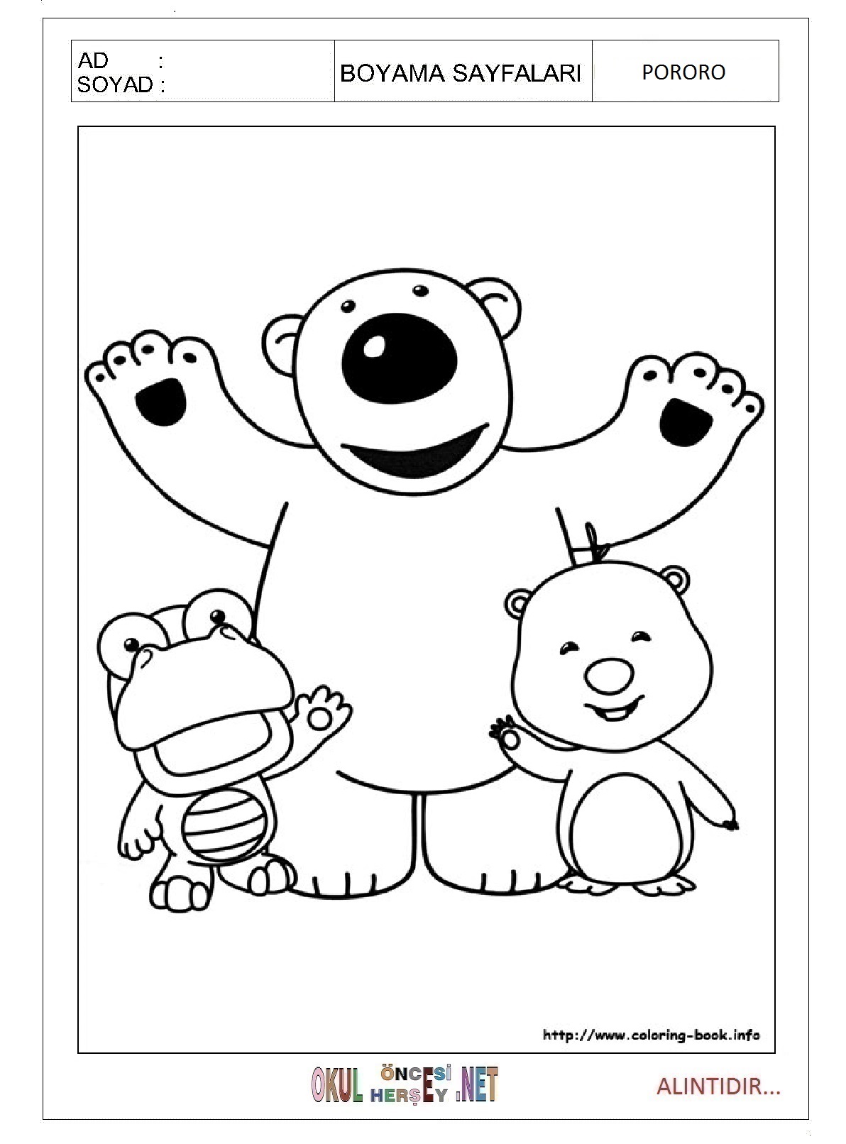 Çocuklar İçin Pororo Boyama Sayfaları 