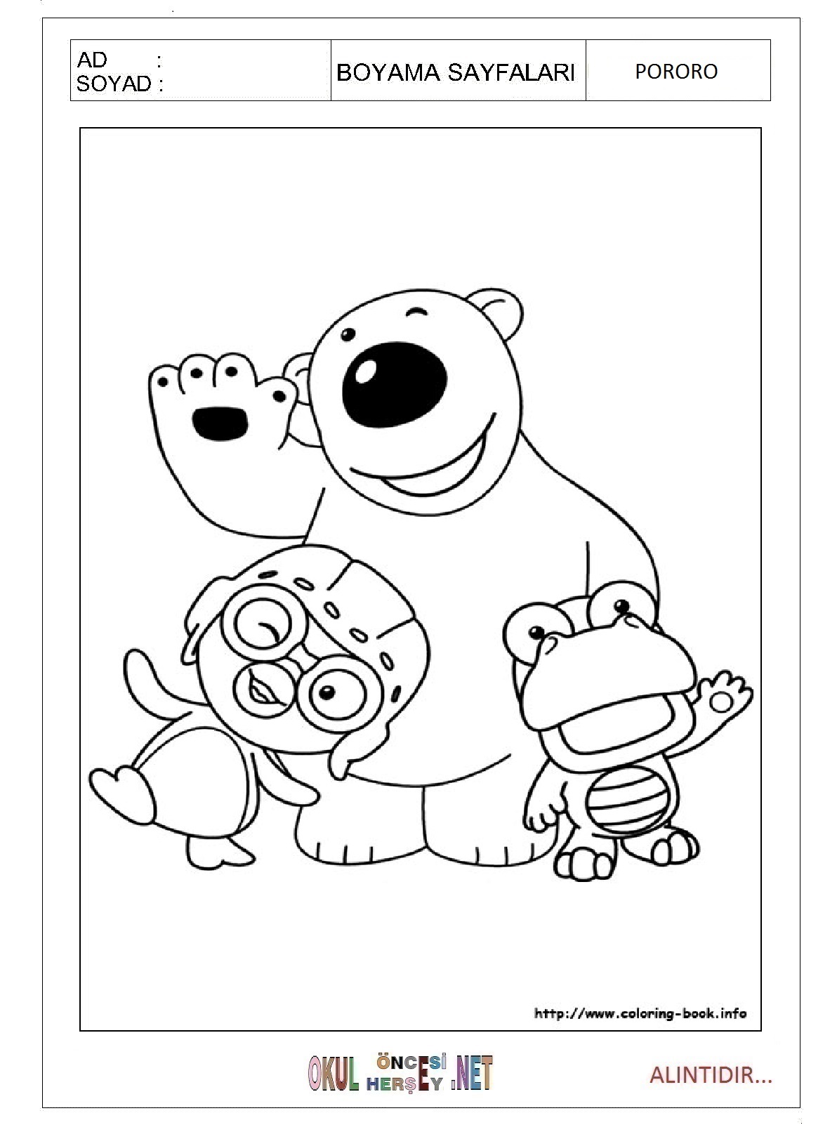 Çocuklar İçin Pororo Boyama Sayfaları 
