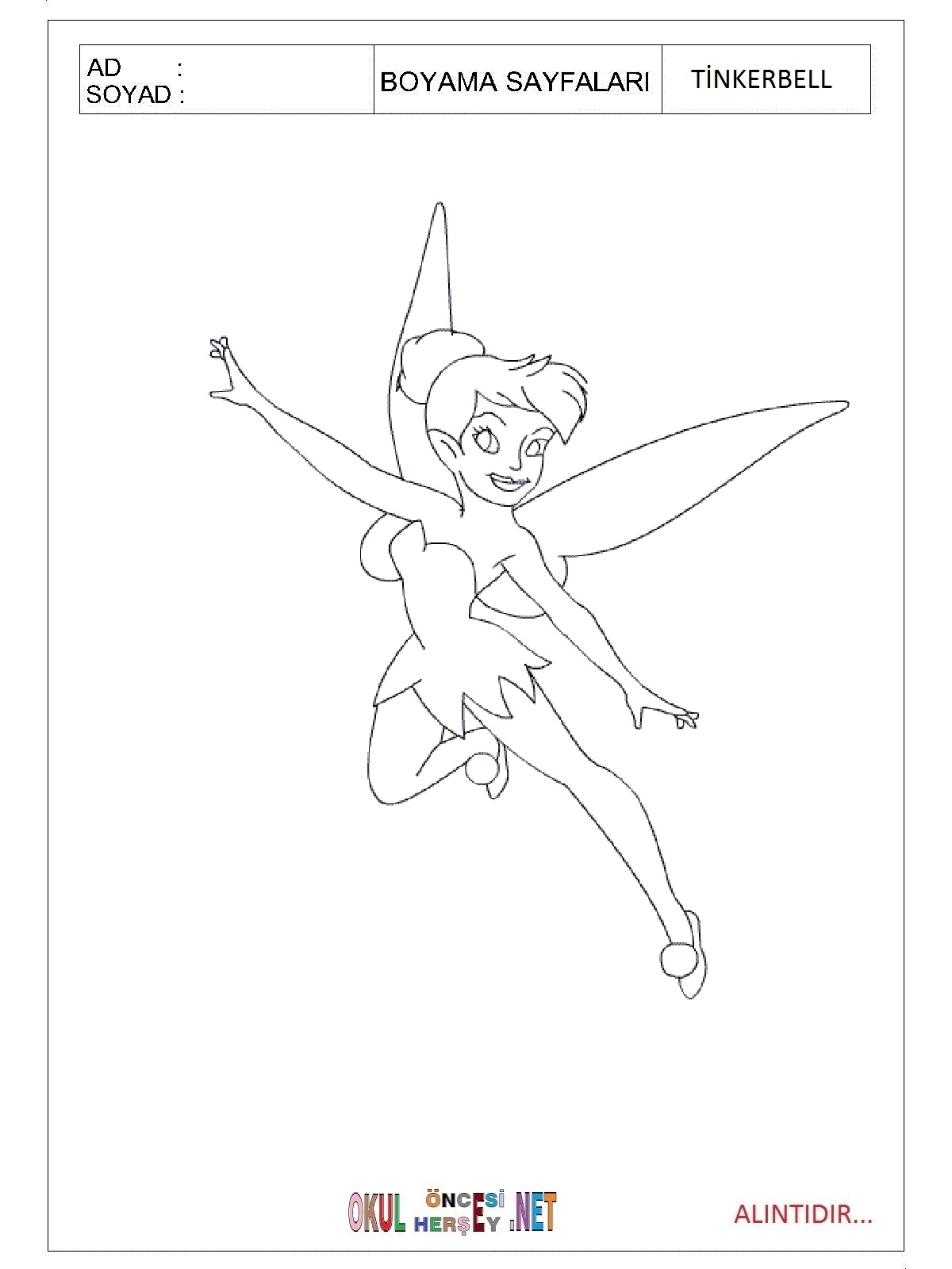 Çocuklar İçin Tinkerbell Boyama Sayfaları 