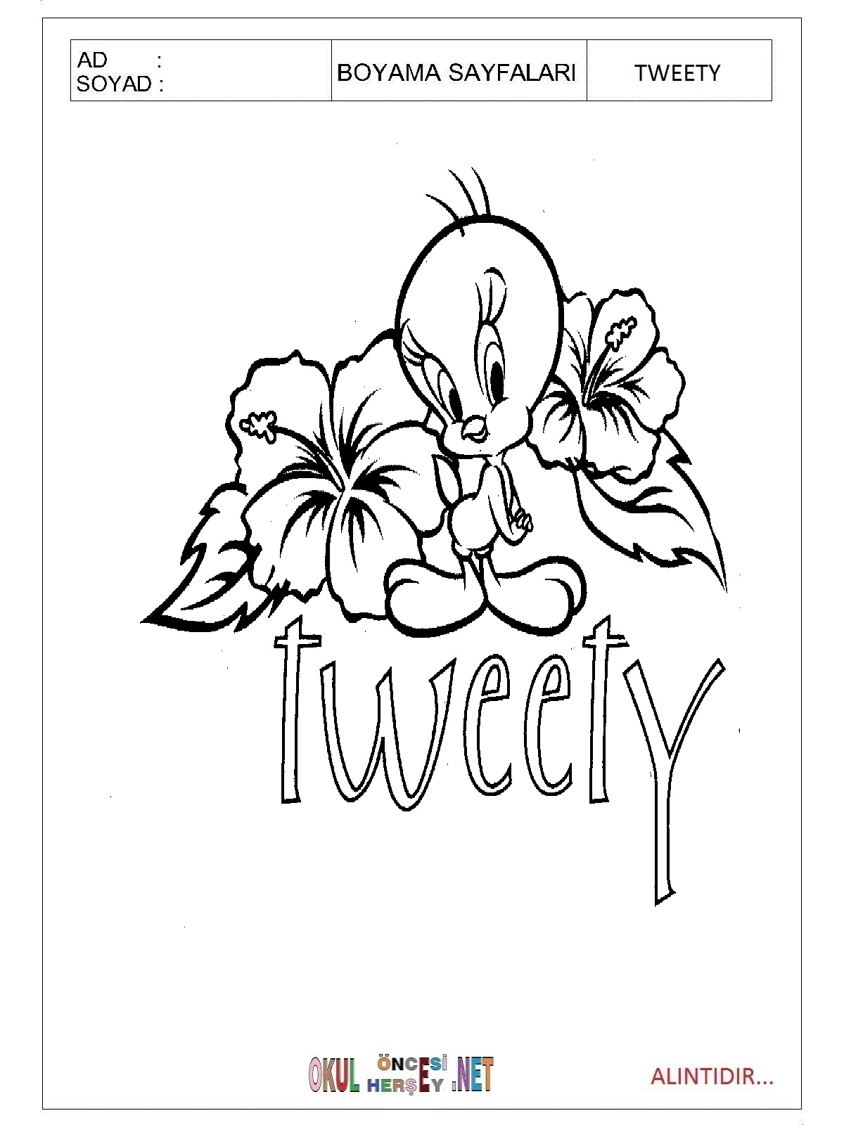 Çocuklar İçin Tweety Boyama Sayfaları 