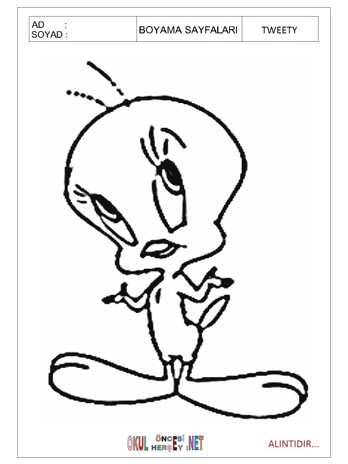 Çocuklar İçin Tweety Boyama Sayfaları 