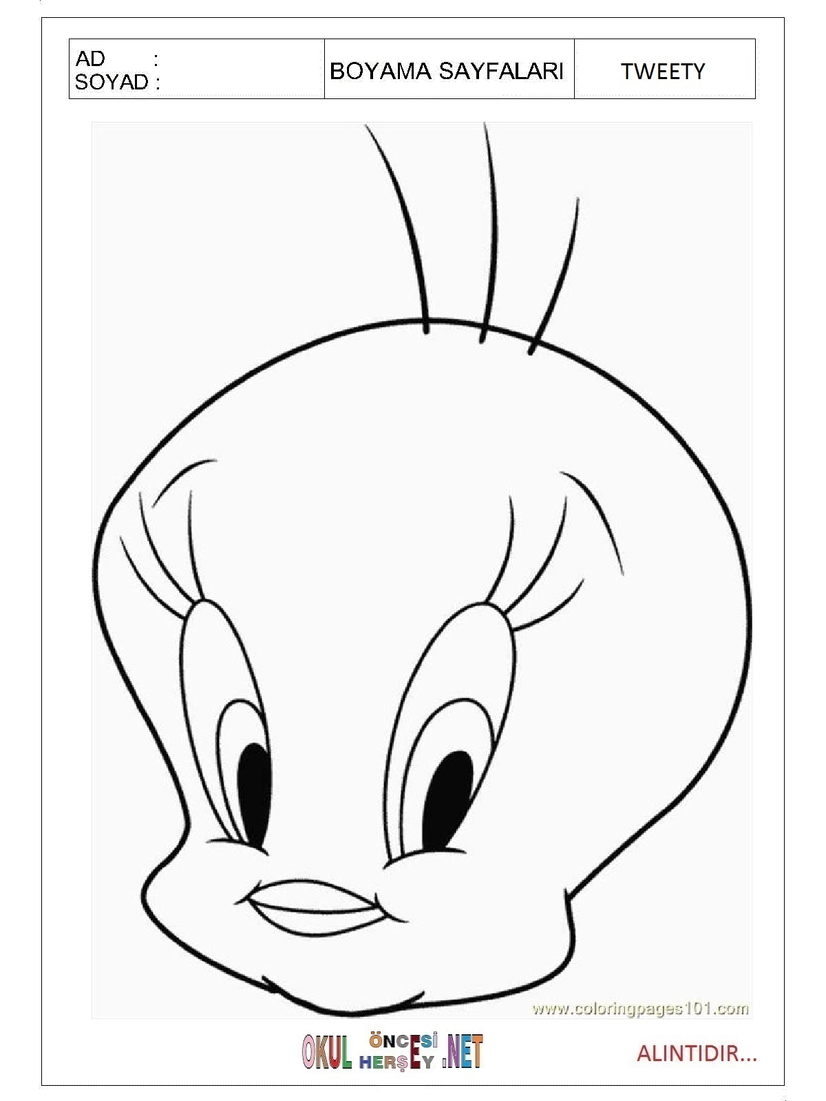 Çocuklar İçin Tweety Boyama Sayfaları 