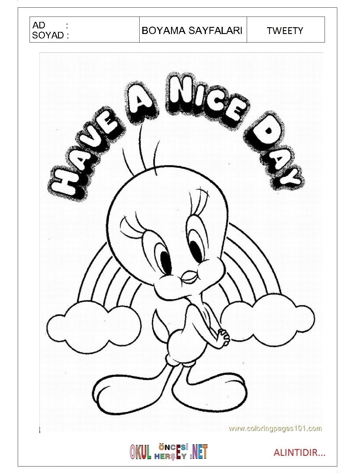 Çocuklar İçin Tweety Boyama Sayfaları 
