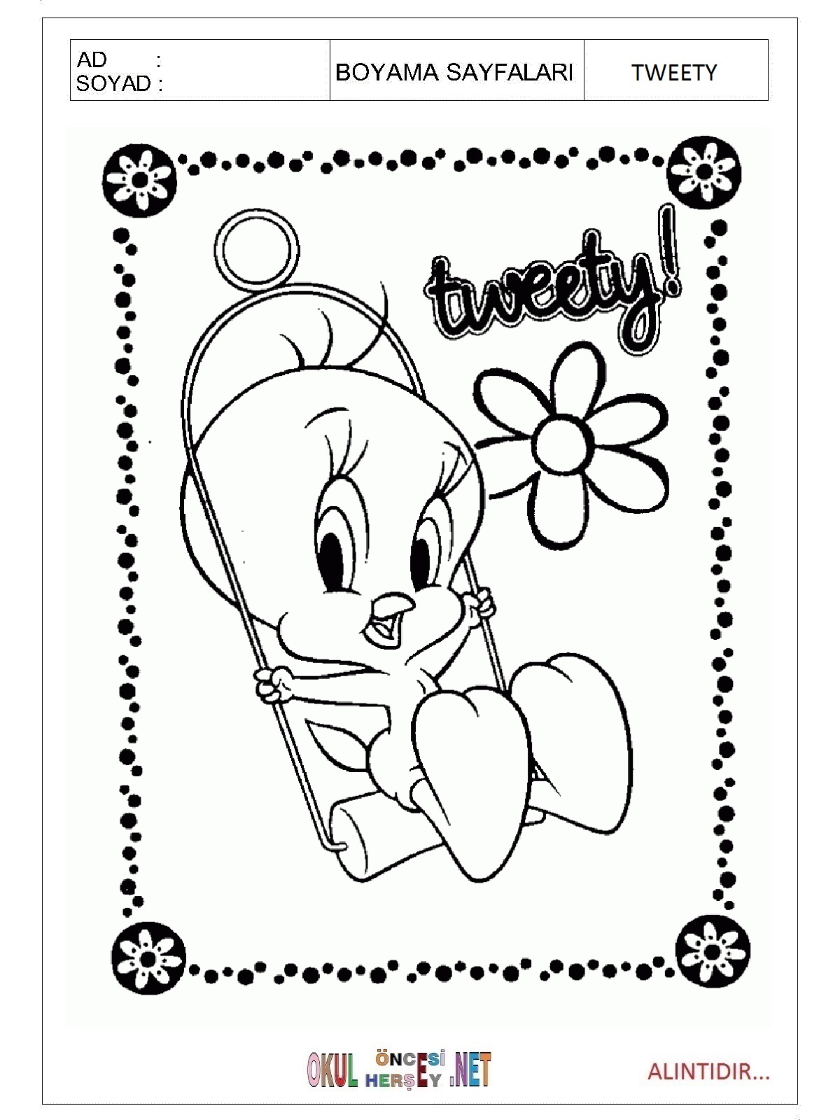 Çocuklar İçin Tweety Boyama Sayfaları 