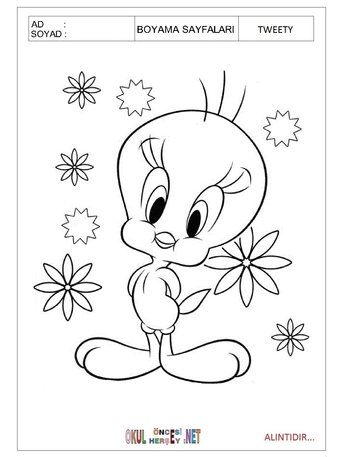 Çocuklar İçin Tweety Boyama Sayfaları 