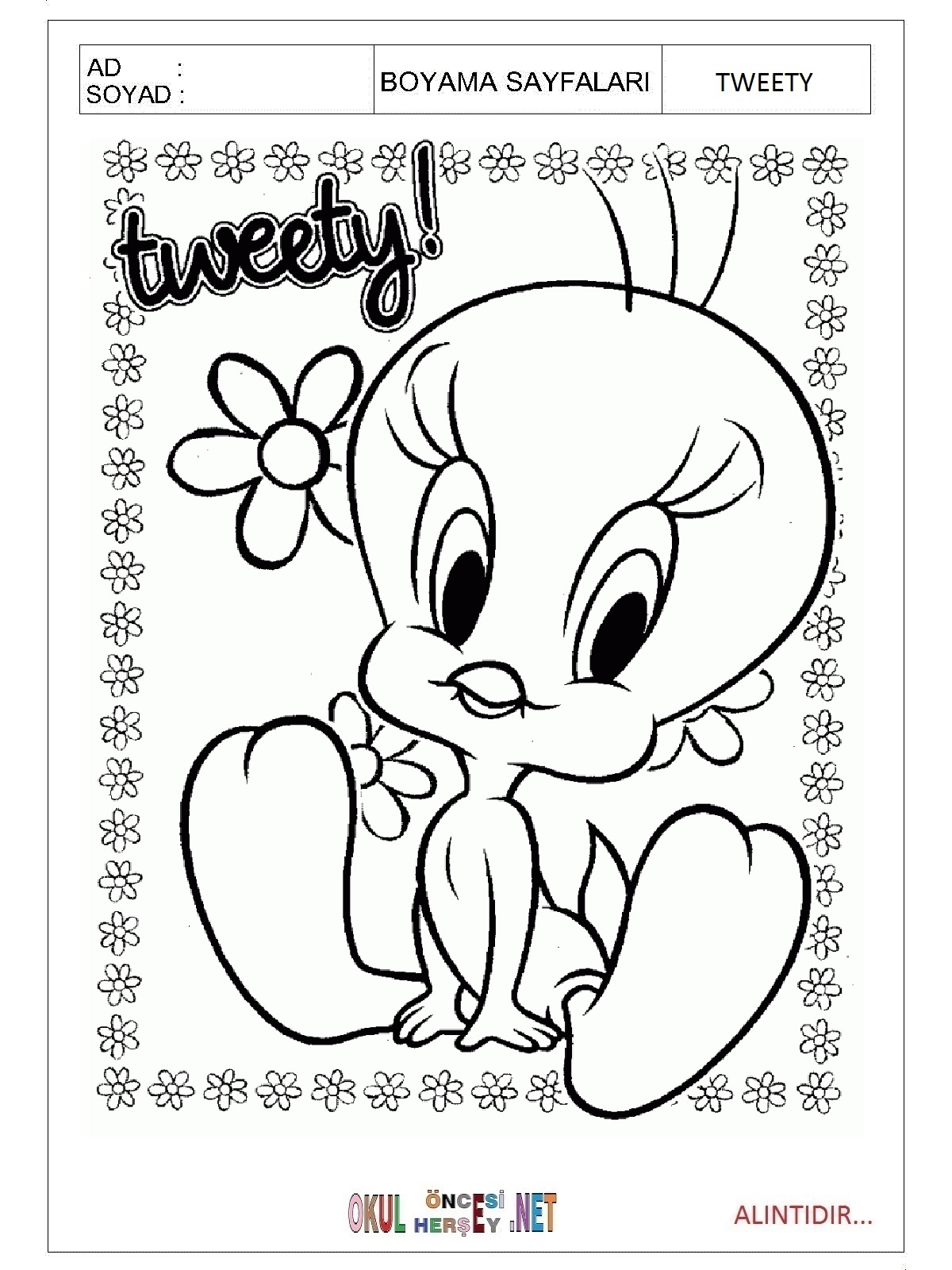 Çocuklar İçin Tweety Boyama Sayfaları 