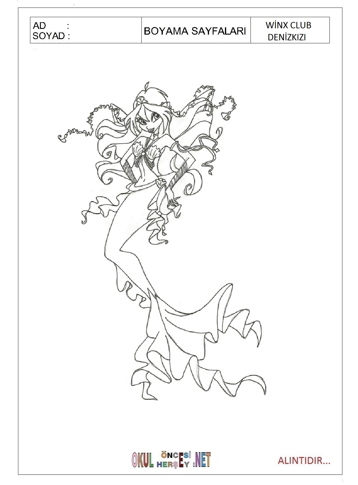 Çocuklar İçin Winx Club Denizkızı Boyama Sayfaları 