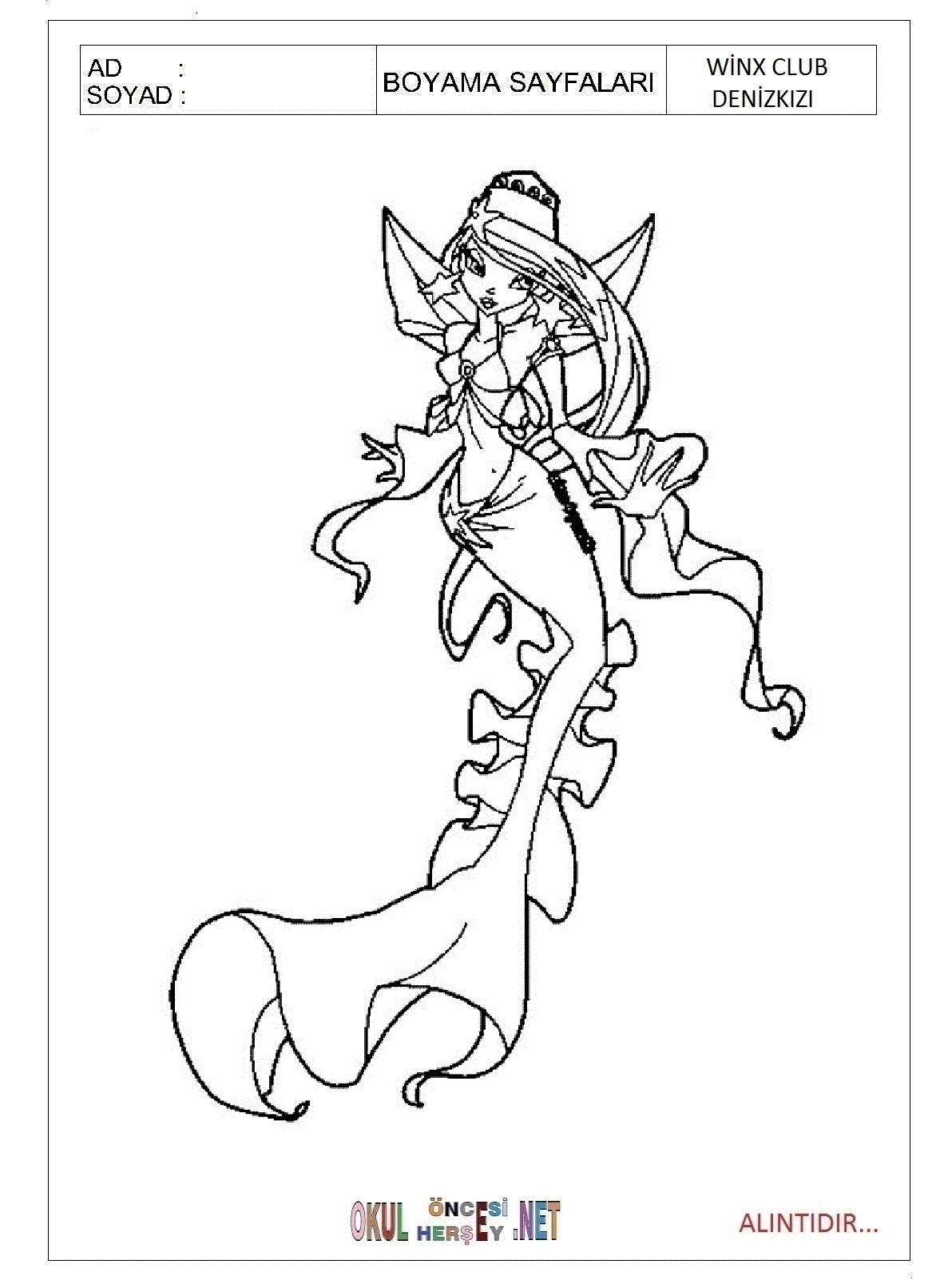 Çocuklar İçin Winx Club Denizkızı Boyama Sayfaları 