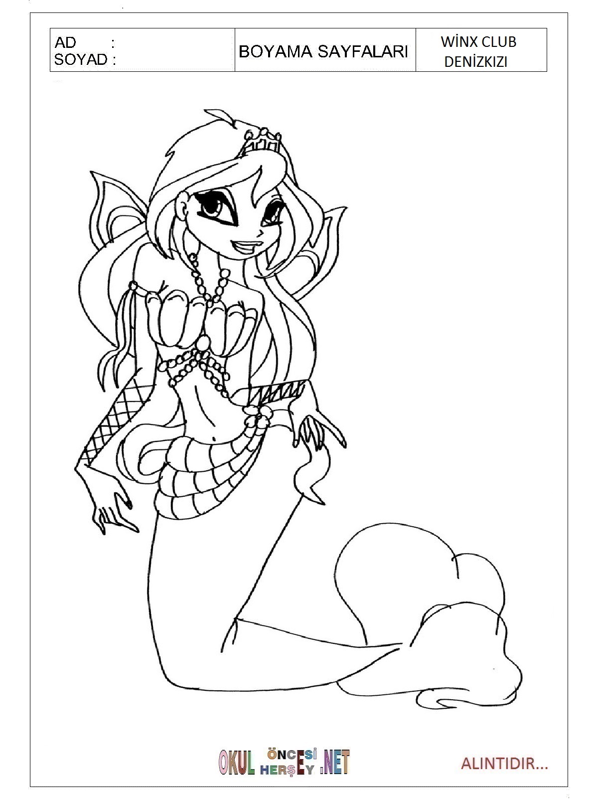 Çocuklar İçin Winx Club Denizkızı Boyama Sayfaları 