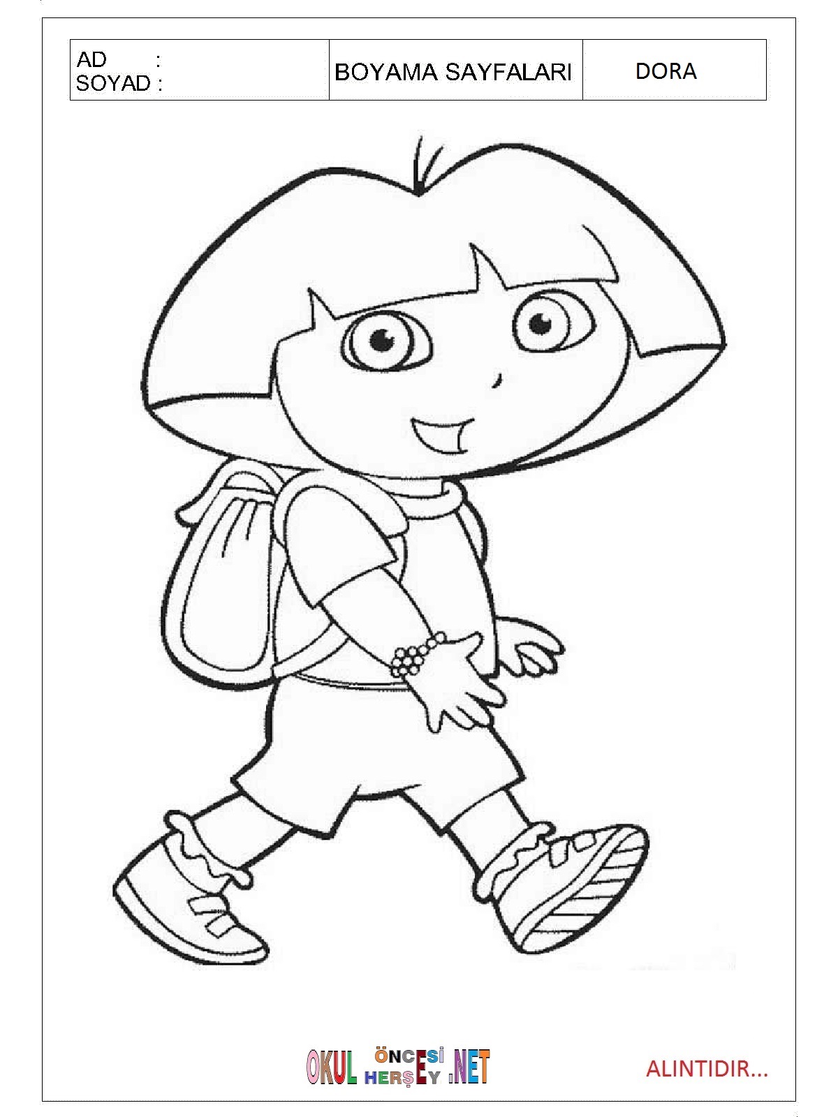 Çocuklar İçin Dora Boyama Sayfaları 