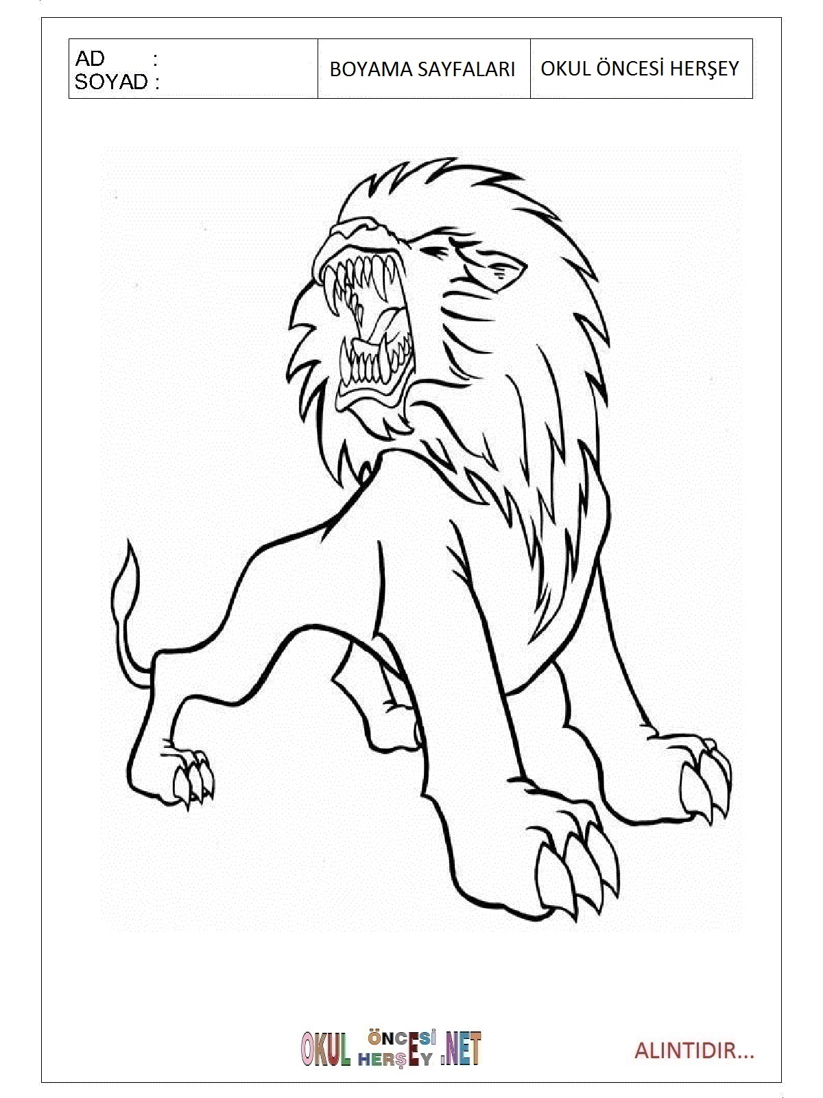 Çocuklar İçin Aslan Boyama Sayfaları 