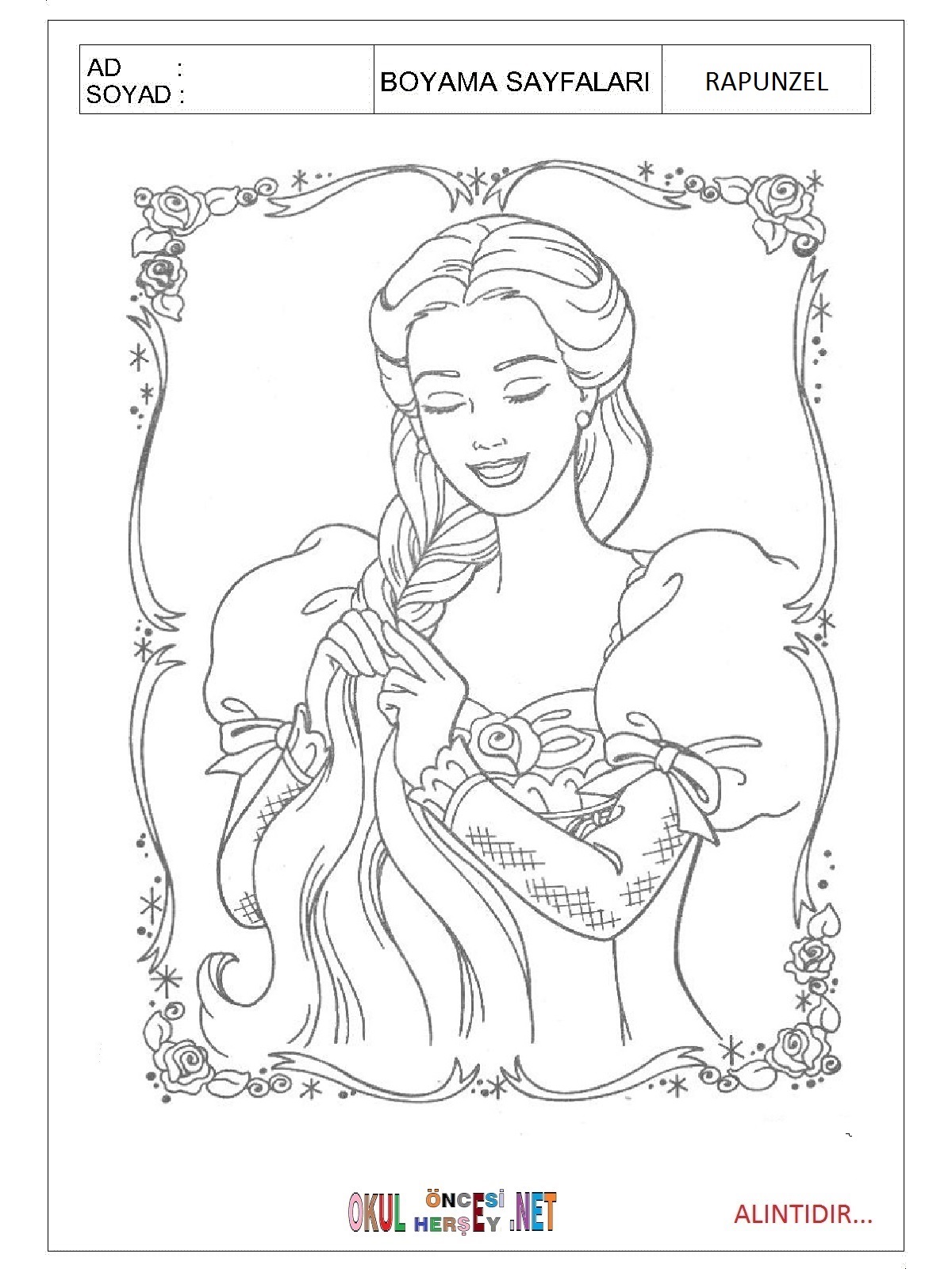 Çocuklar İçin Rapunzel Boyama Sayfaları 