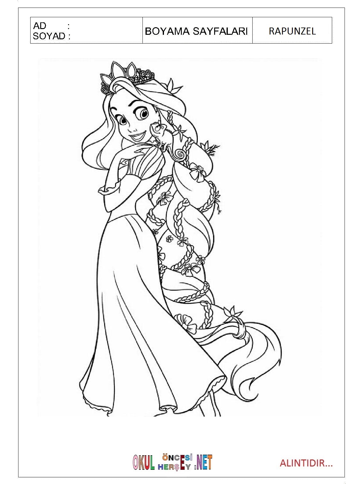 Çocuklar İçin Rapunzel Boyama Sayfaları 