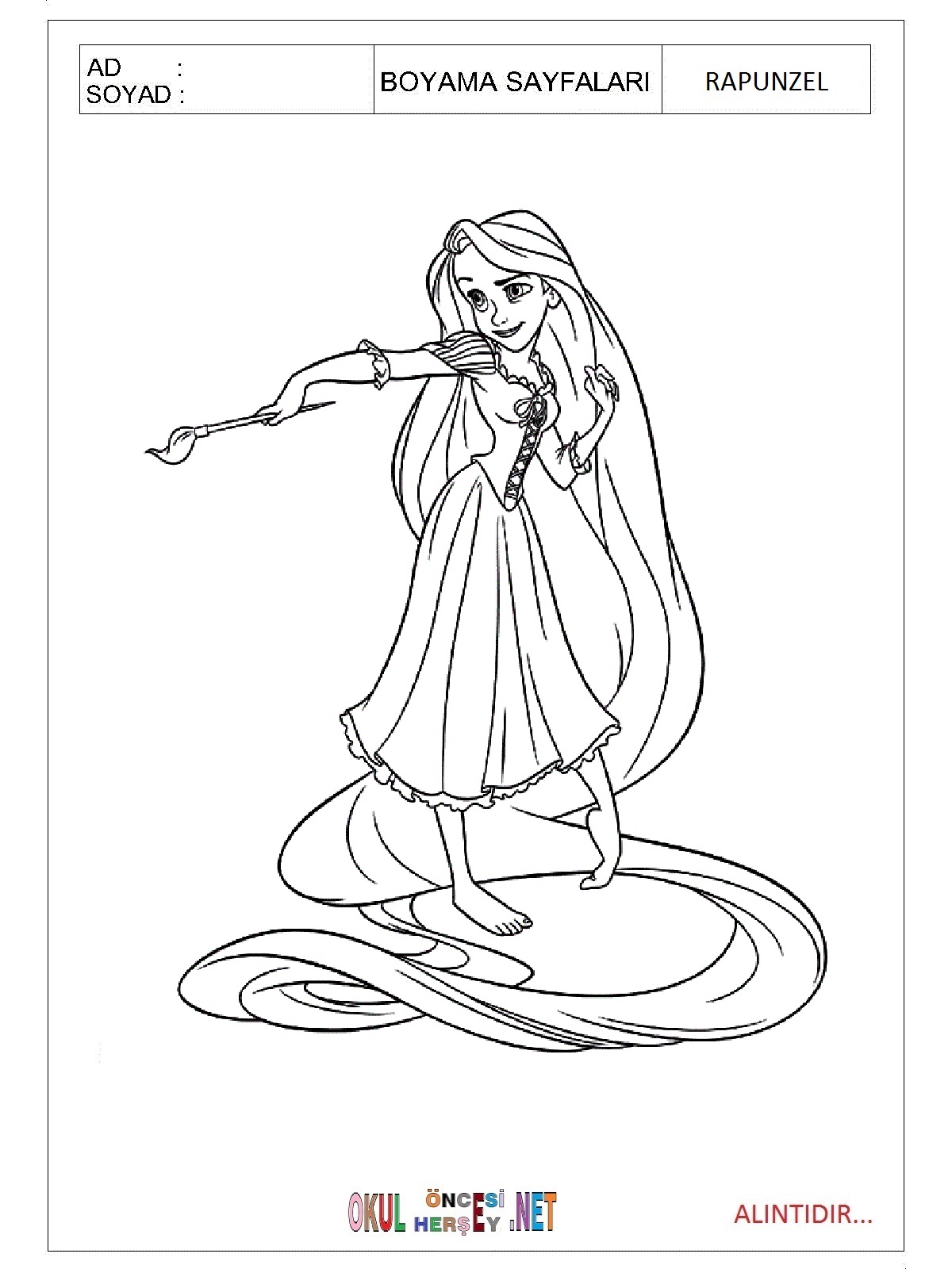 Çocuklar İçin Rapunzel Boyama Sayfaları 