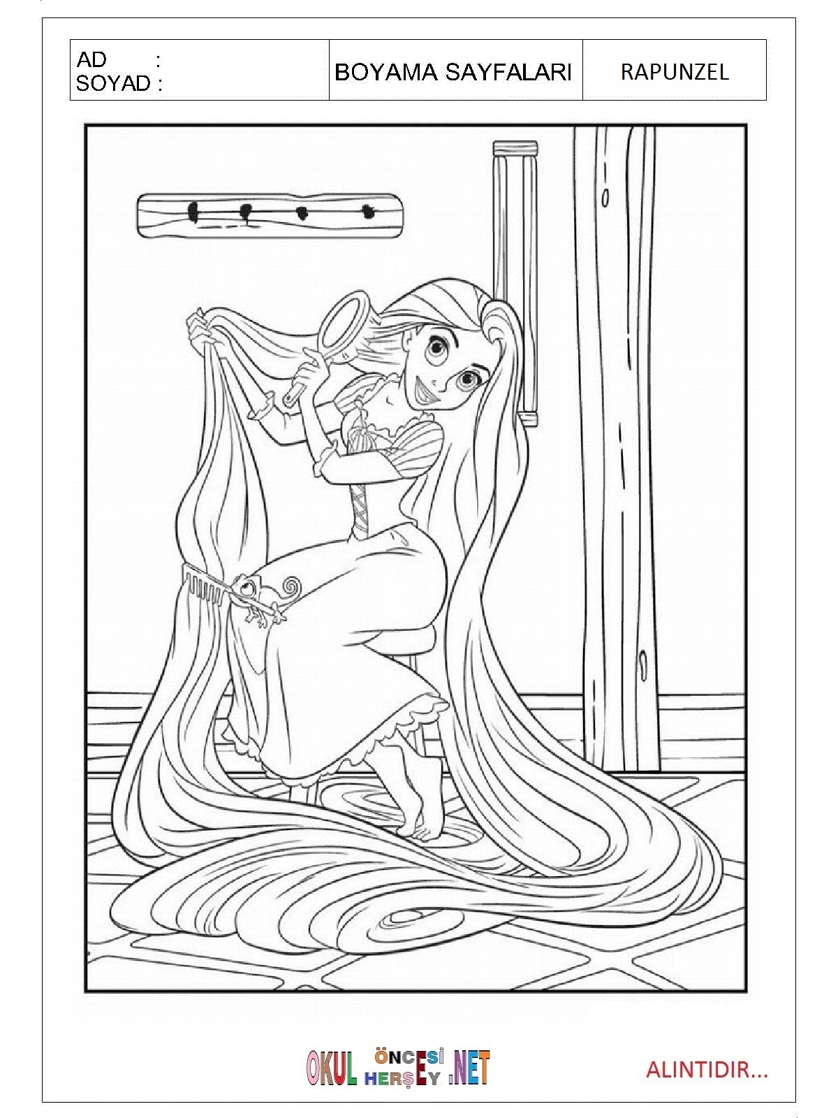 Çocuklar İçin Rapunzel Boyama Sayfaları 