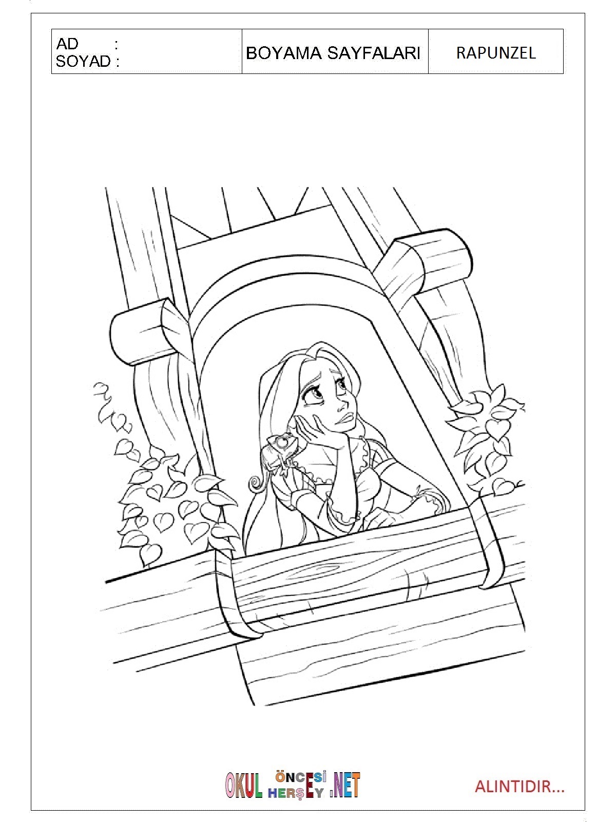 Çocuklar İçin Rapunzel Boyama Sayfaları 