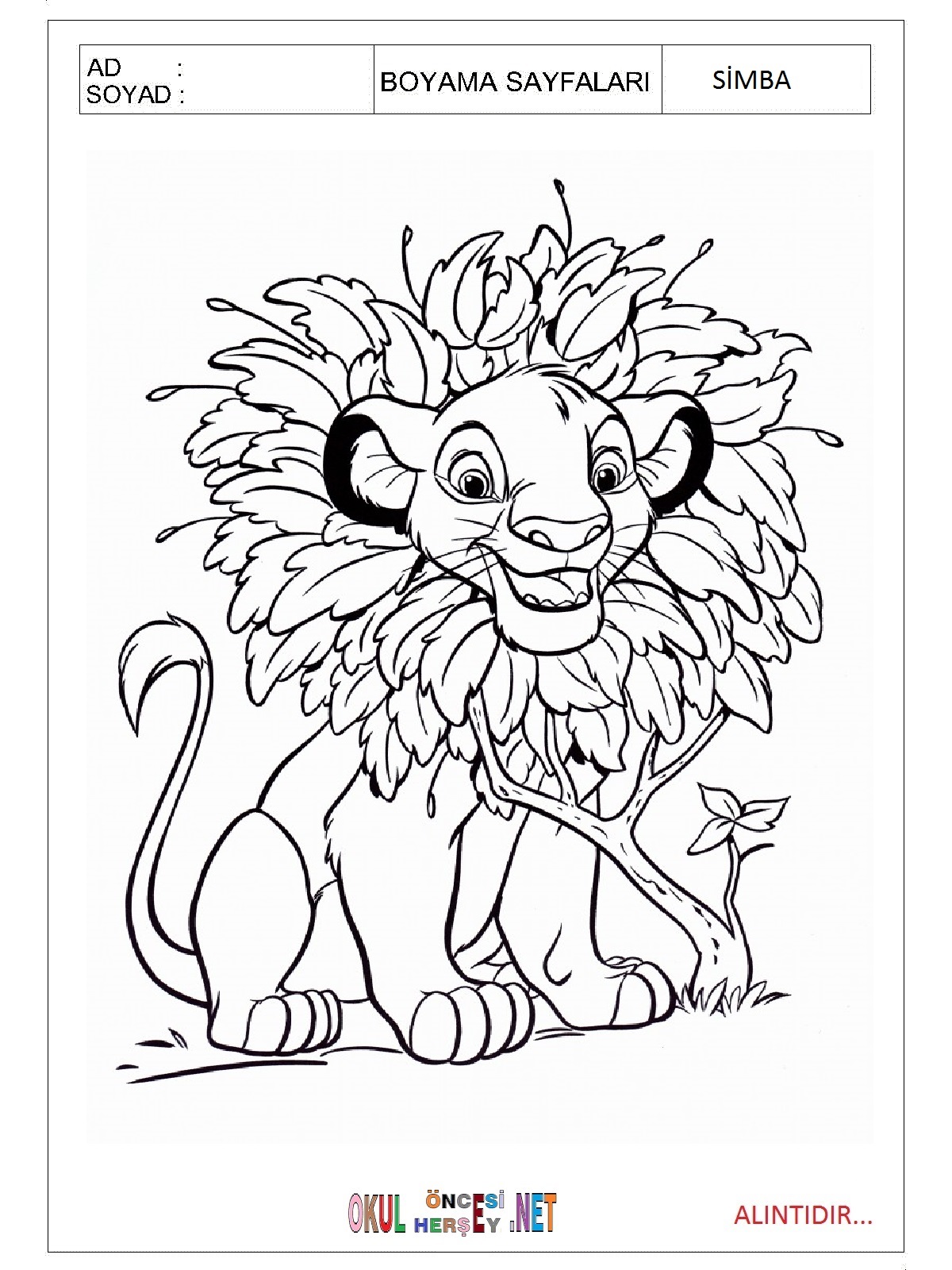 Çocuklar İçin Simba Boyama Sayfaları 
