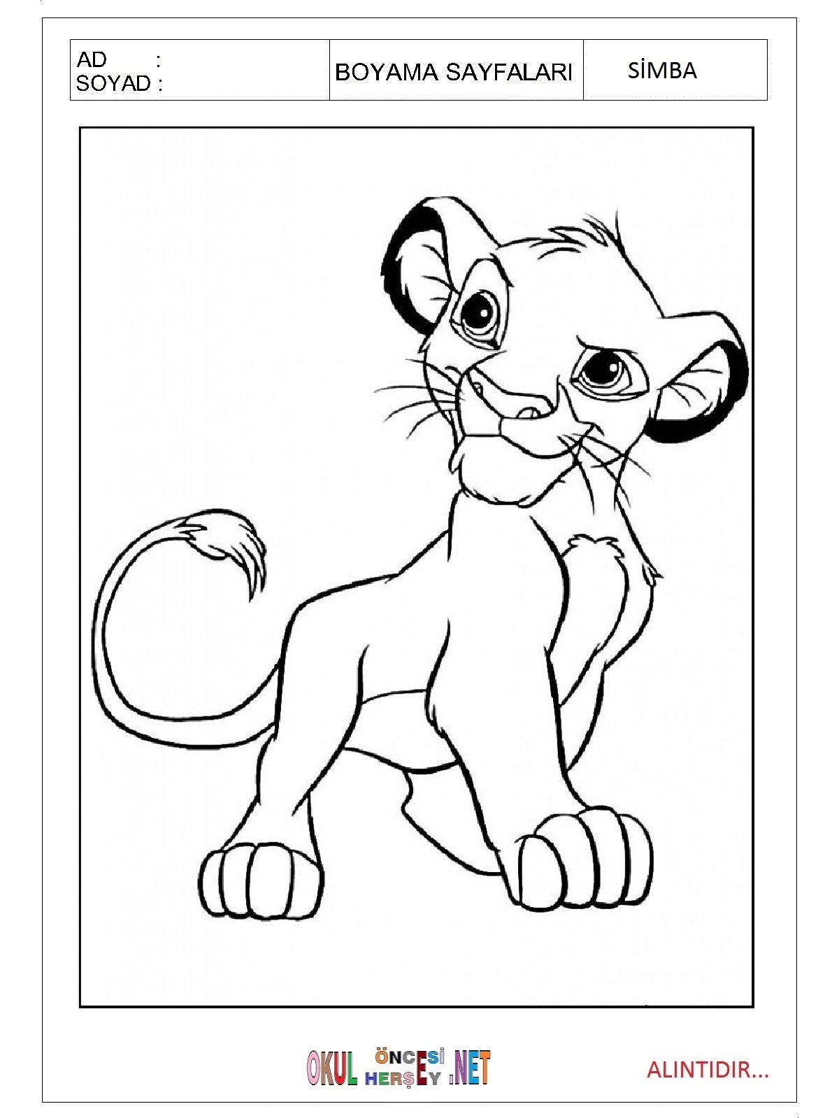 Çocuklar İçin Simba Boyama Sayfaları 