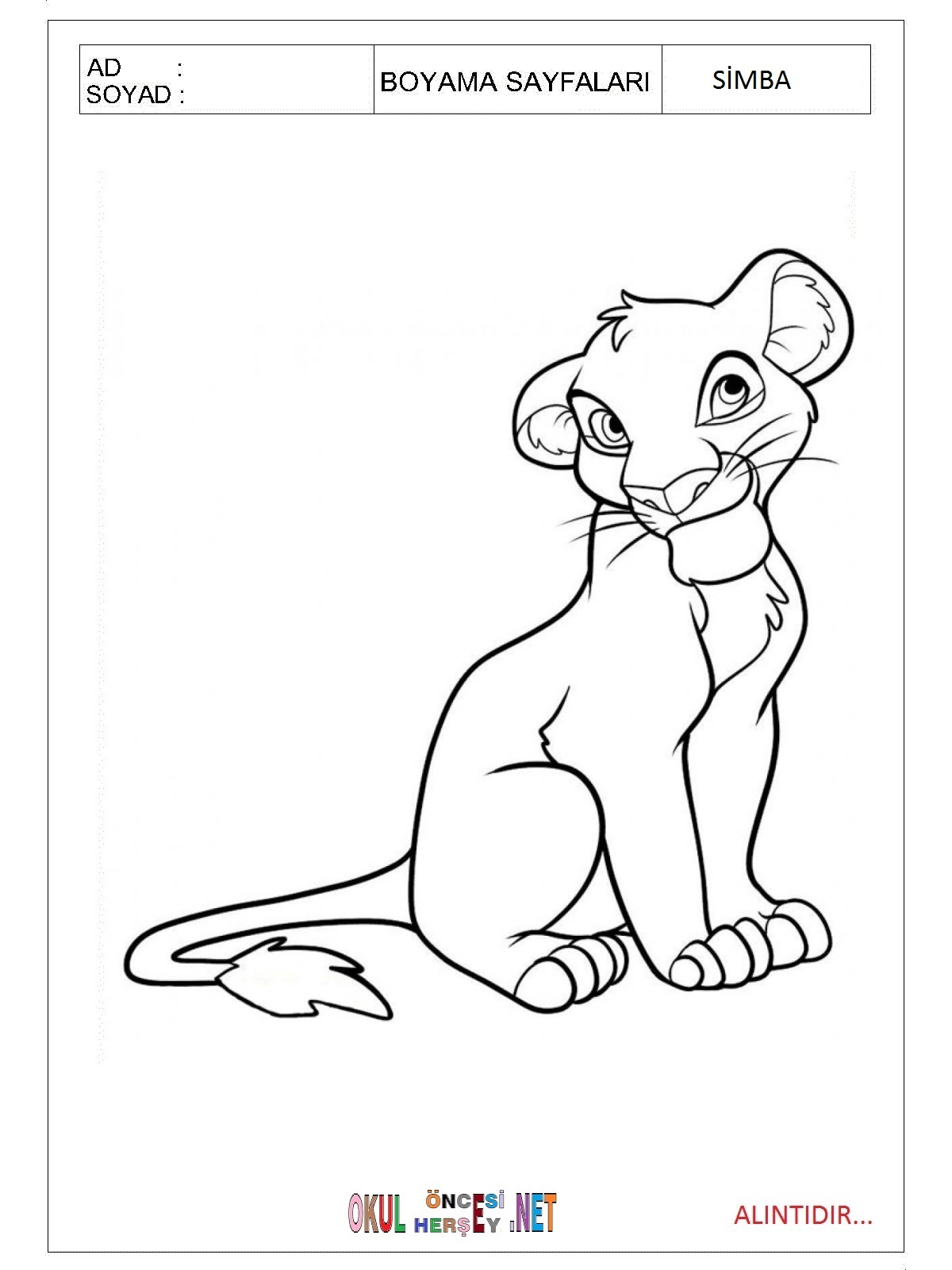 Çocuklar İçin Simba Boyama Sayfaları 