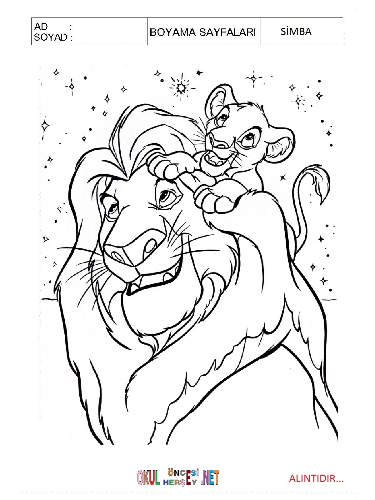 Çocuklar İçin Simba Boyama Sayfaları 
