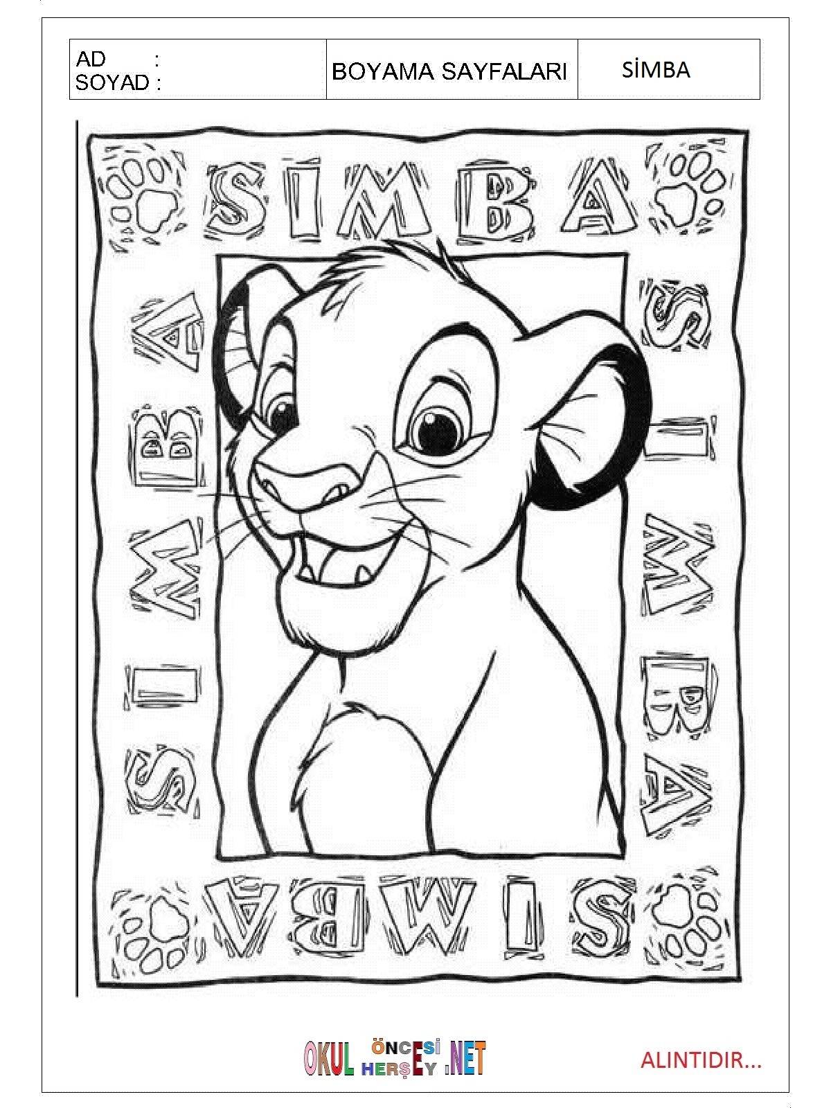 Çocuklar İçin Simba Boyama Sayfaları 