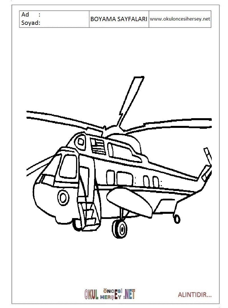 Çocuklar İçin Helikopter Boyama Sayfaları 