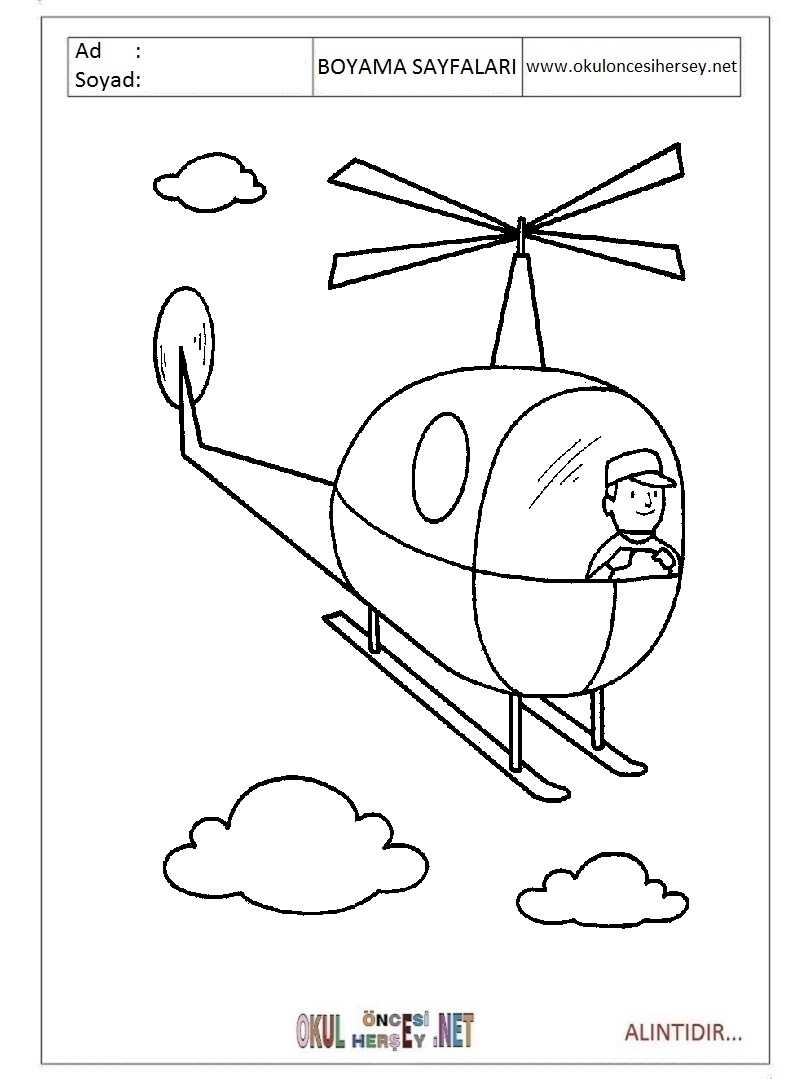 Çocuklar İçin Helikopter Boyama Sayfaları 