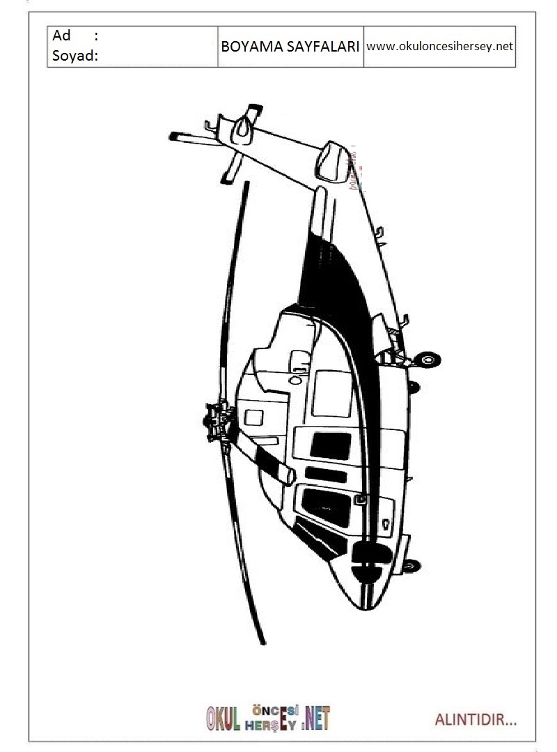 Çocuklar İçin Helikopter Boyama Sayfaları 