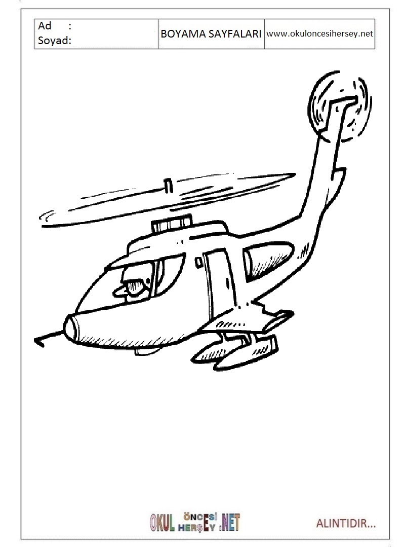 Çocuklar İçin Helikopter Boyama Sayfaları 