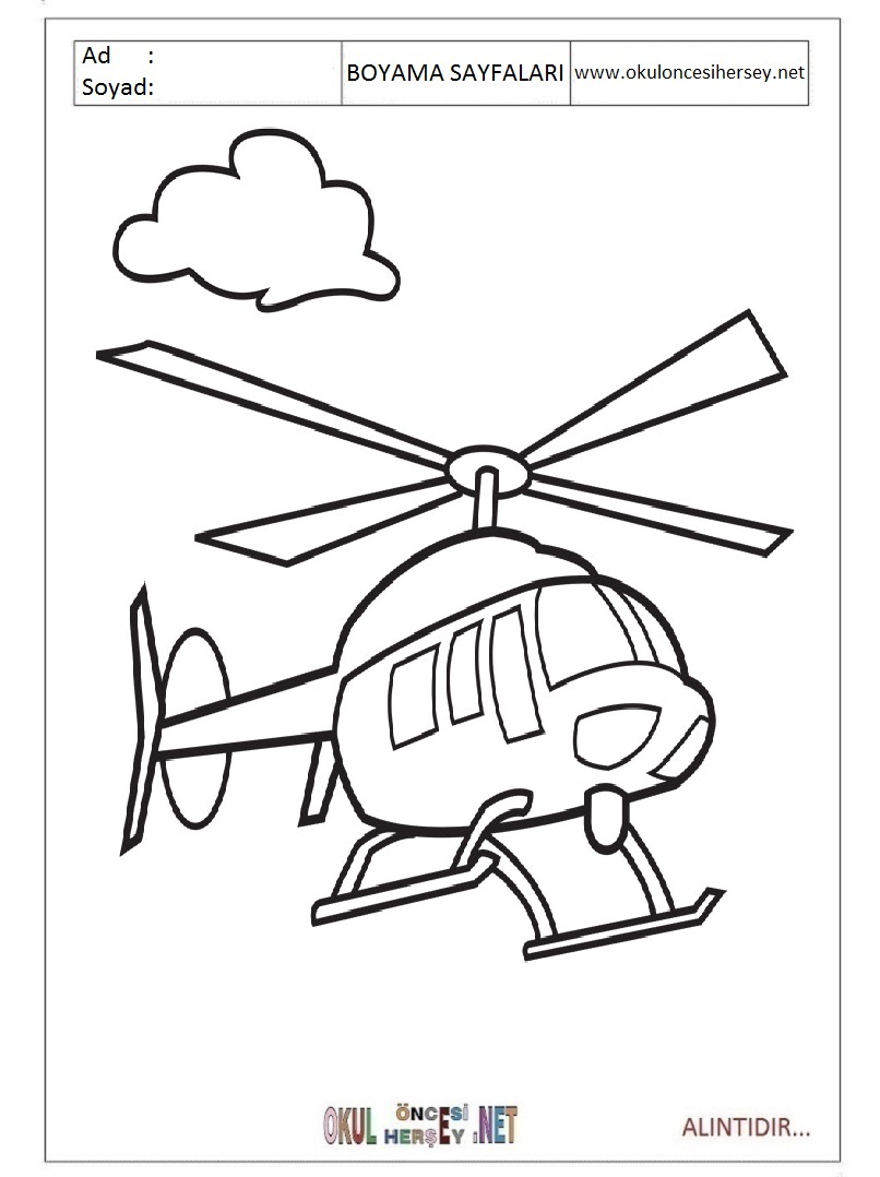 Çocuklar İçin Helikopter Boyama Sayfaları 