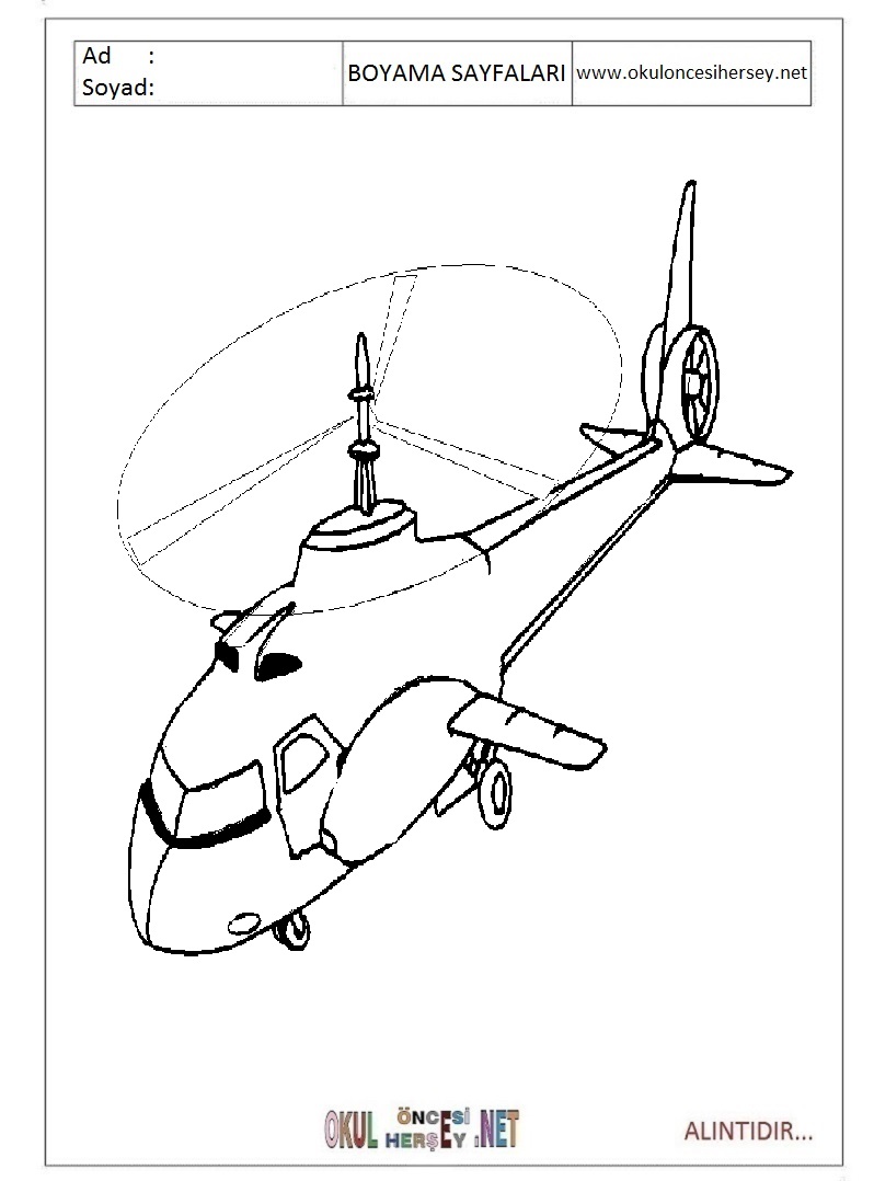 Çocuklar İçin Helikopter Boyama Sayfaları 