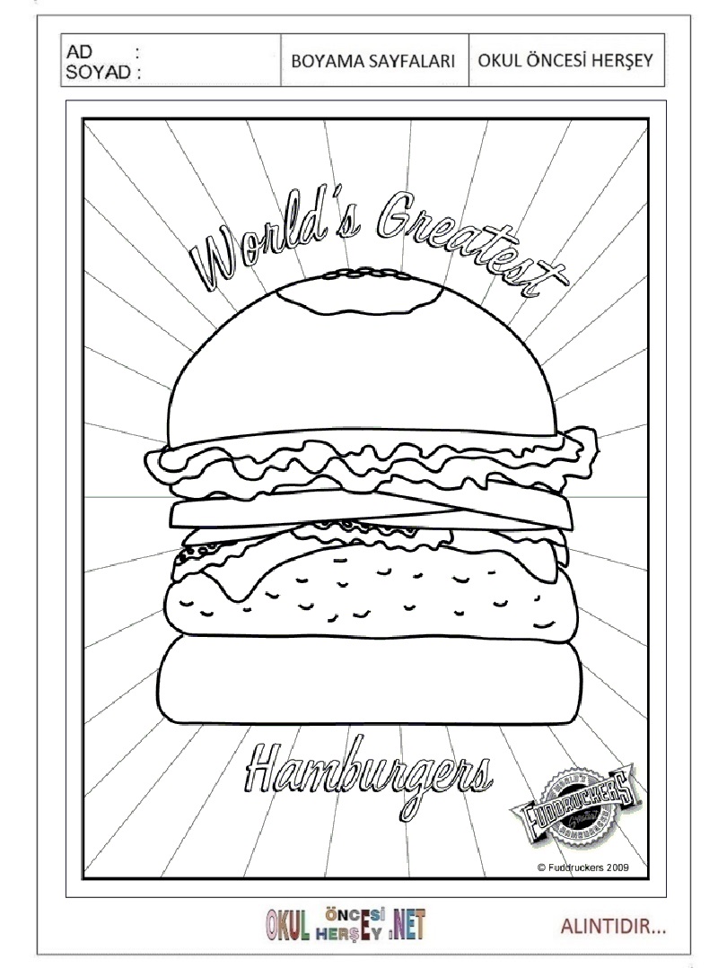 Çocuklar İçin Hamburger Boyama Sayfaları 