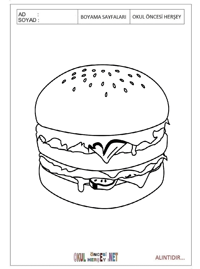 Çocuklar İçin Hamburger Boyama Sayfaları 
