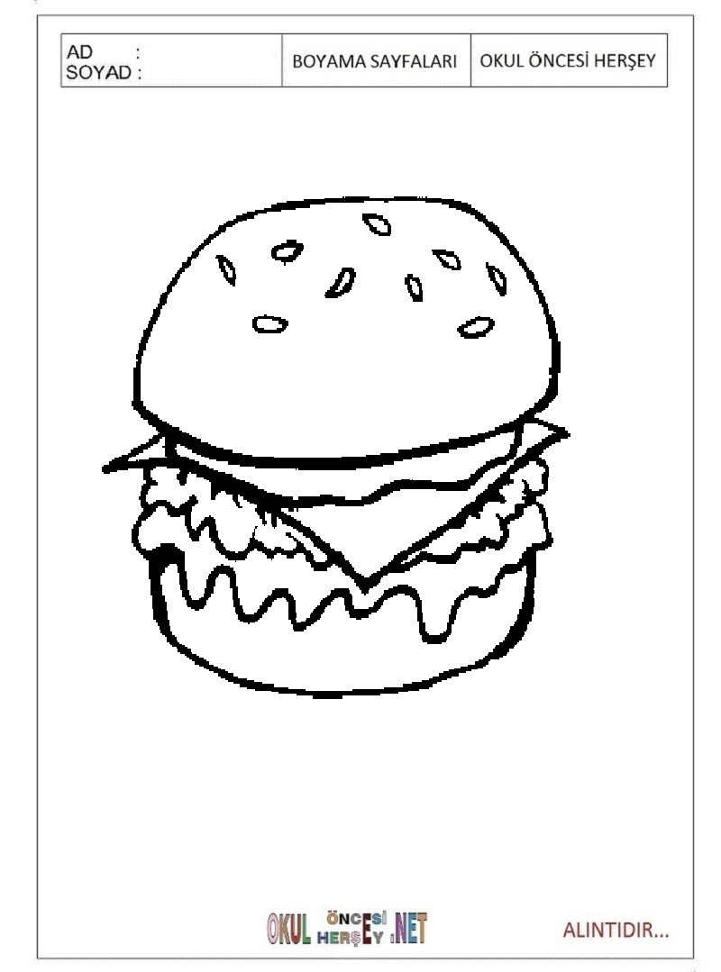 Çocuklar İçin Hamburger Boyama Sayfaları 