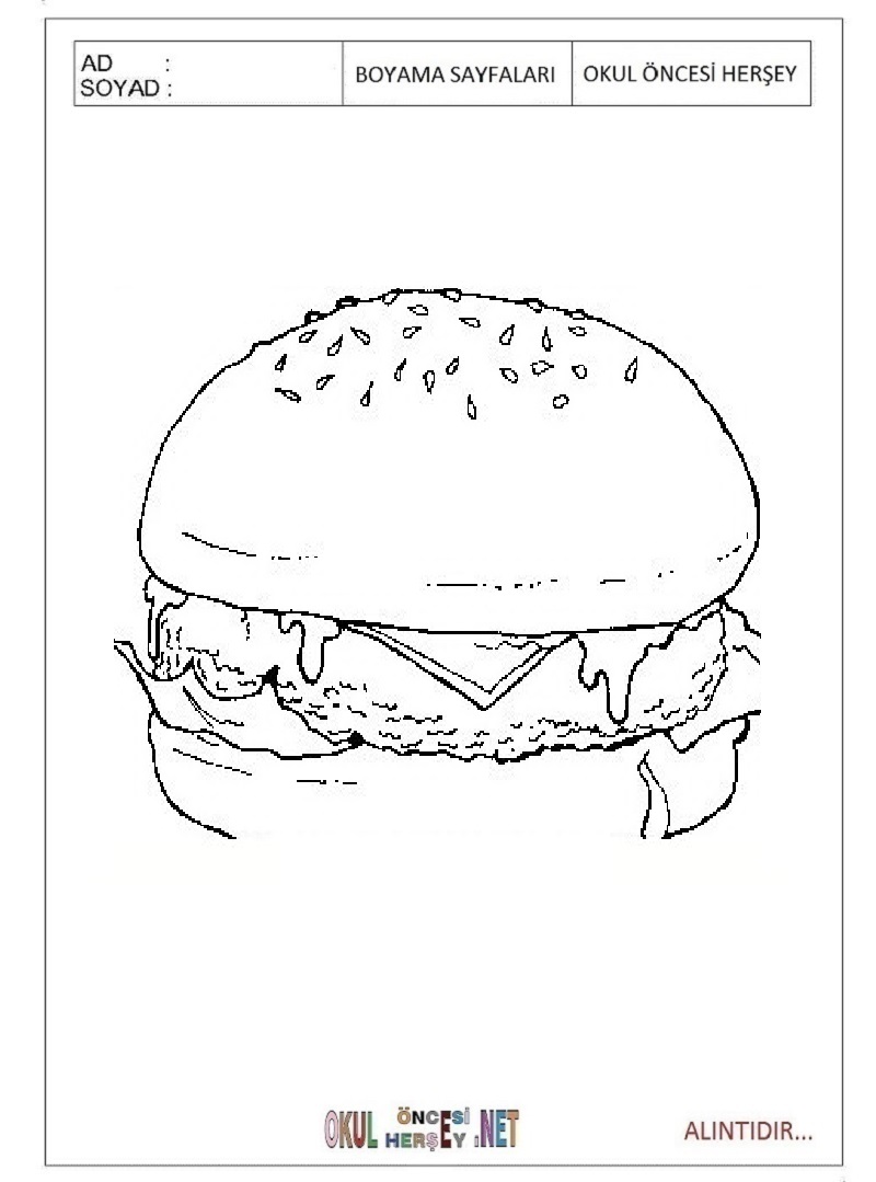 Çocuklar İçin Hamburger Boyama Sayfaları 