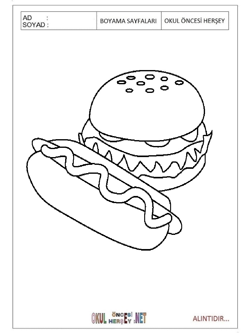 Çocuklar İçin Hamburger Boyama Sayfaları 