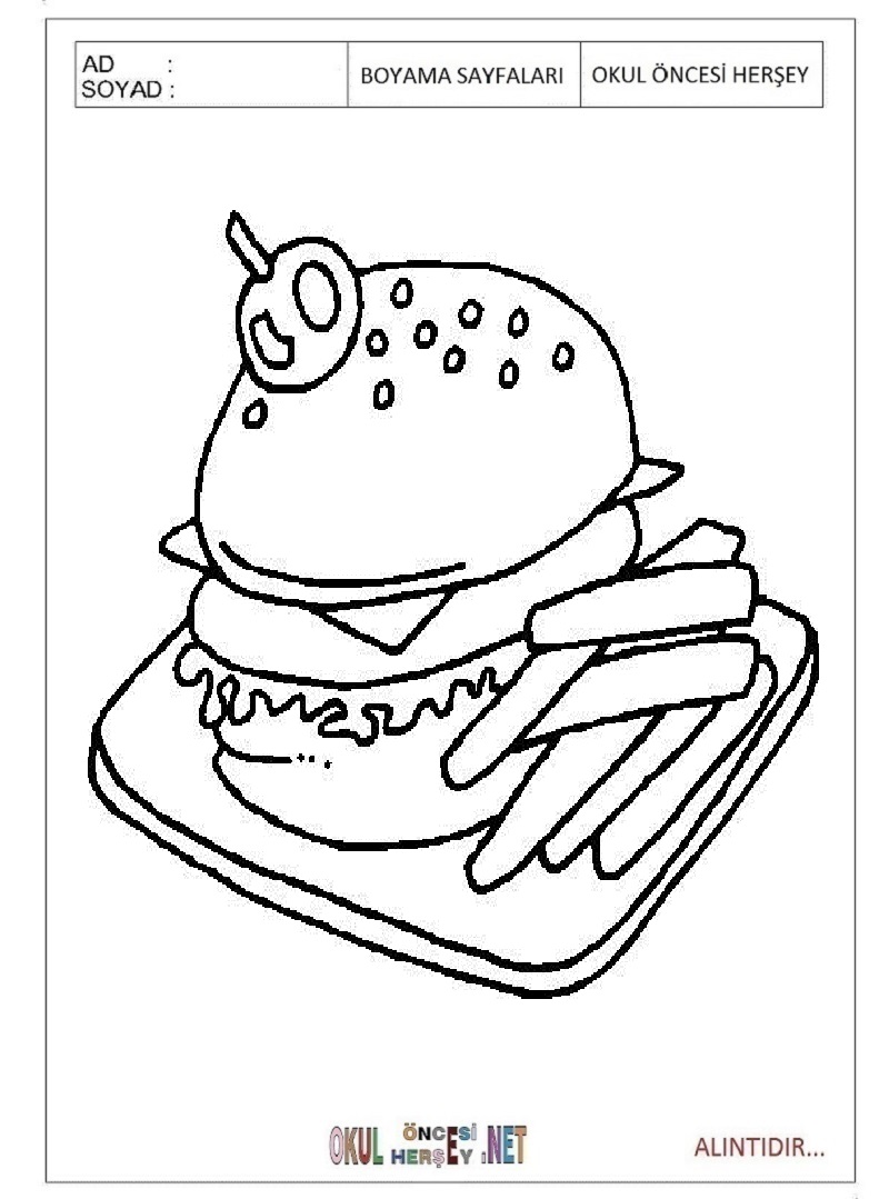 Çocuklar İçin Hamburger Boyama Sayfaları 