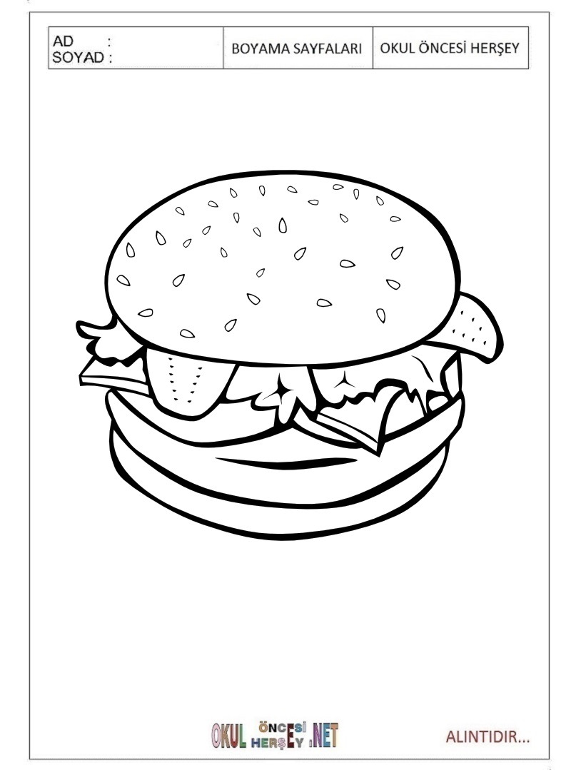 Çocuklar İçin Hamburger Boyama Sayfaları 
