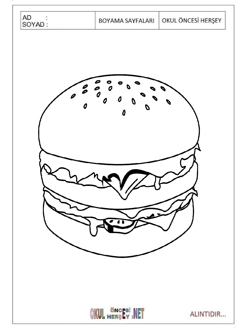 Çocuklar İçin Hamburger Boyama Sayfaları 