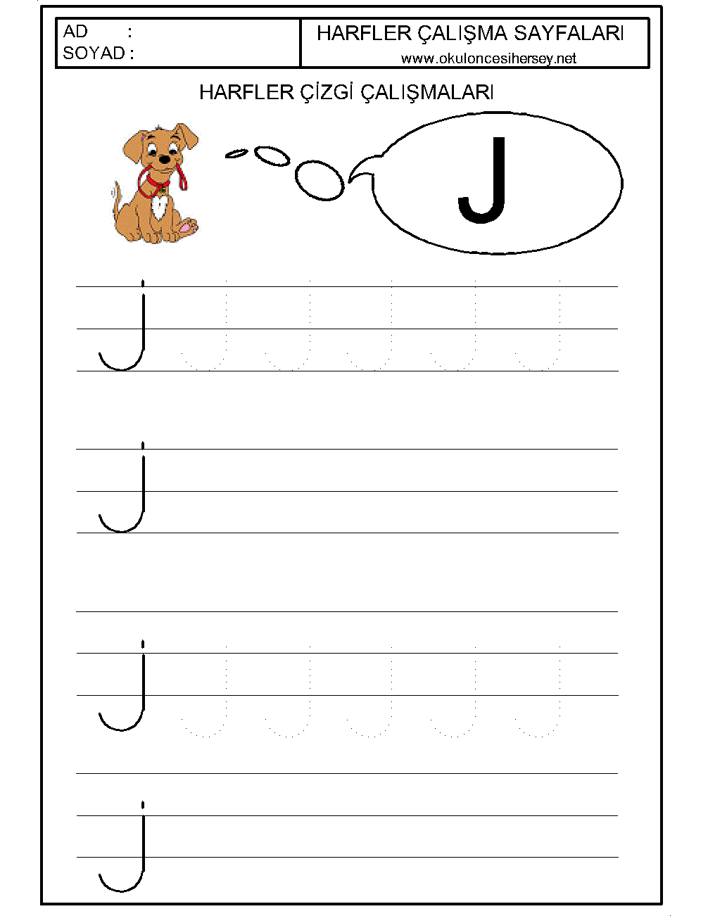 okul öncesi harfler çizgi çalışmaları j harfi