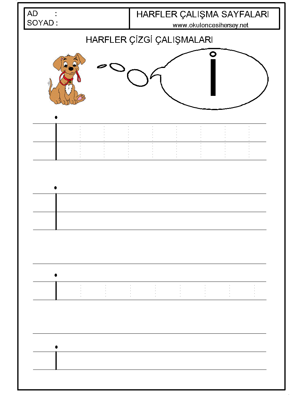 okul öncesi harfler çizgi çalışmaları ı harfi