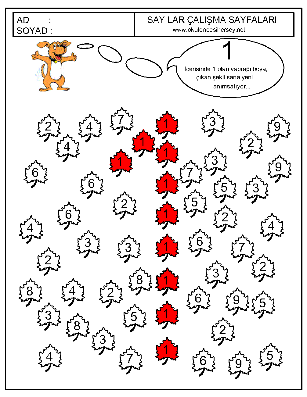 okul öncesi 1 sayısı çizgi çalışması