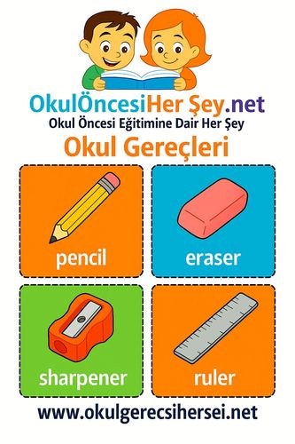 Çocuklar İçin  İngilizce Okul Gereçleri Flashkart  